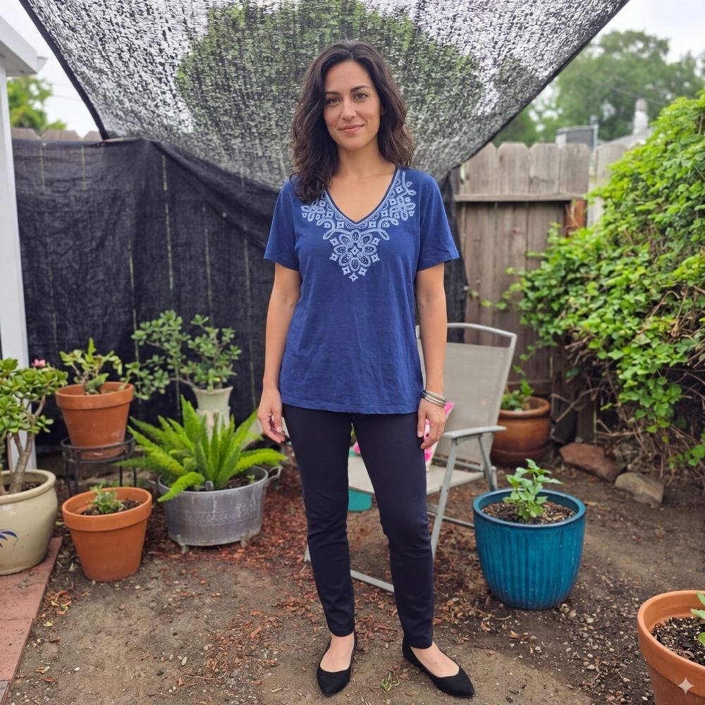 JM Collection Navy Short-Sleeve Lightweight Beaded Tee